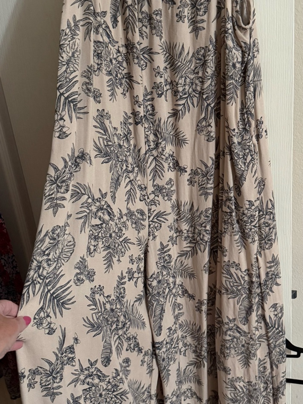 Beige Floral Print Jumpsuit with Black Botanical Pattern
